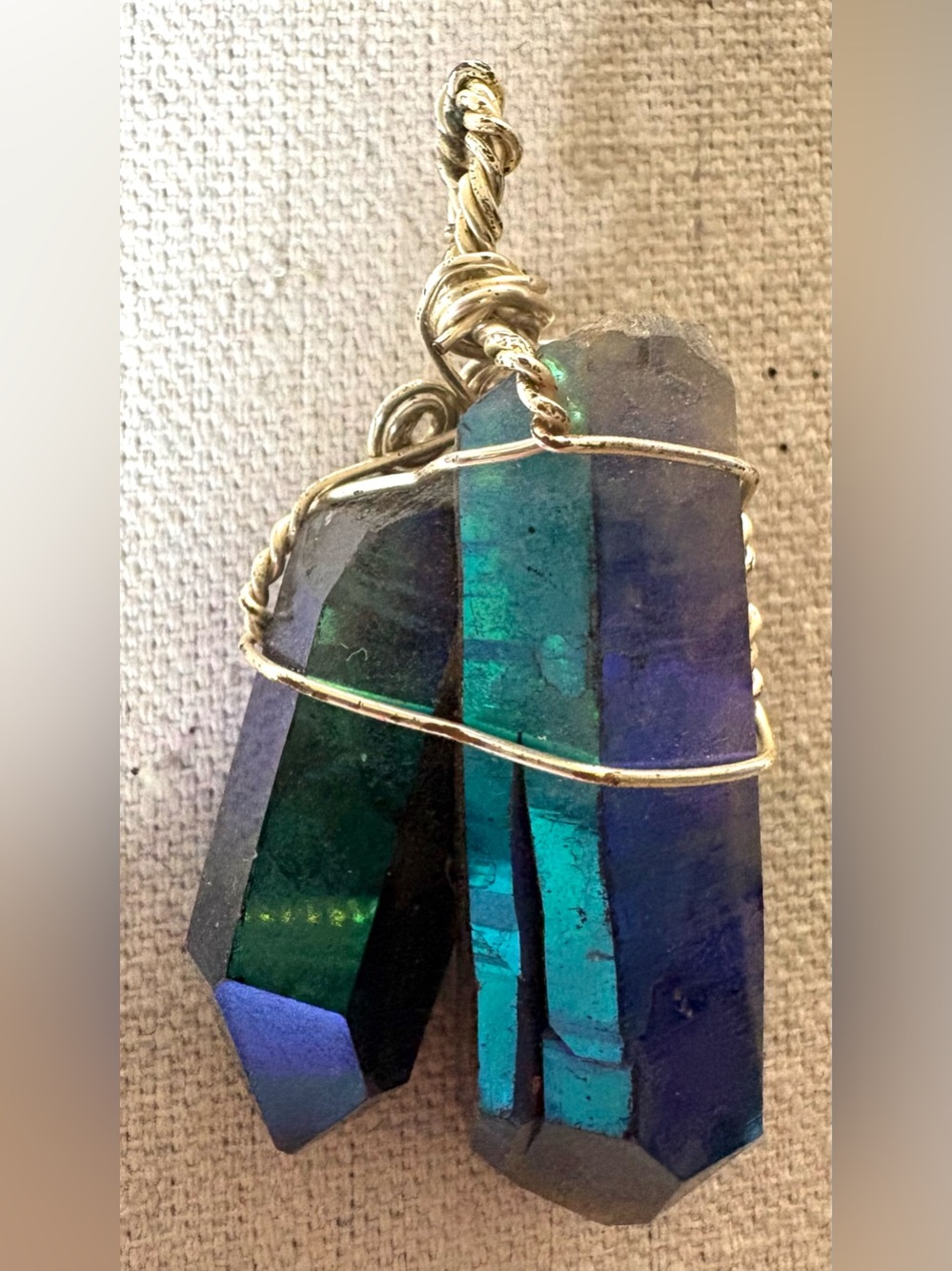 Blue-Teal Titanium Aura Quartz Crystal Point Pendant w/Gold Wire Wrap